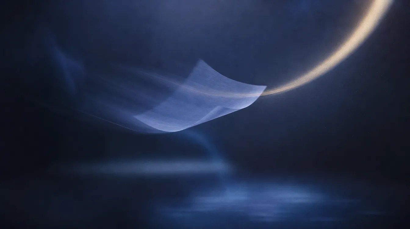 A translucent sheet of paper blurred in motion beside a sweeping arc of light